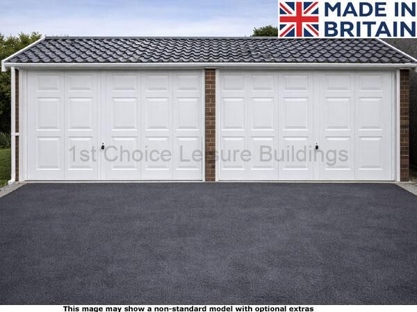 Lidget 90 reverse apex concrete garage with free installation. Image shown includes non-standard options This image shows a high-quality, double garage made in Britain. The garage features a grey tiled roof and two large white doors. A brick pillar separates the doors, adding a touch of elegance.