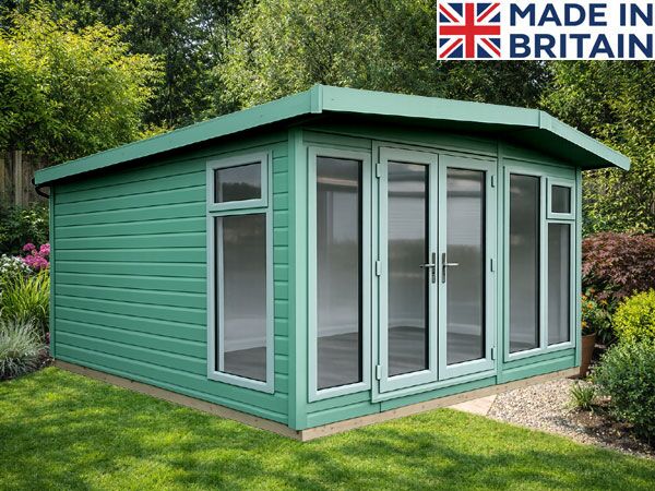 A green painted garden room with glass doors and windows, Free Assembly