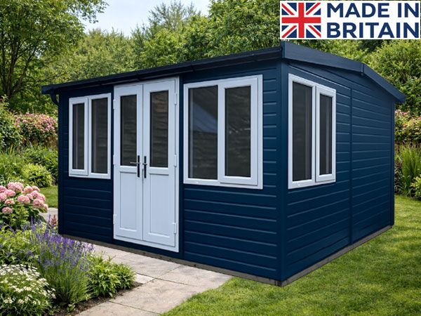 Modern blue garden summer room with white door and windows. Perfect for outdoor storage or office.
