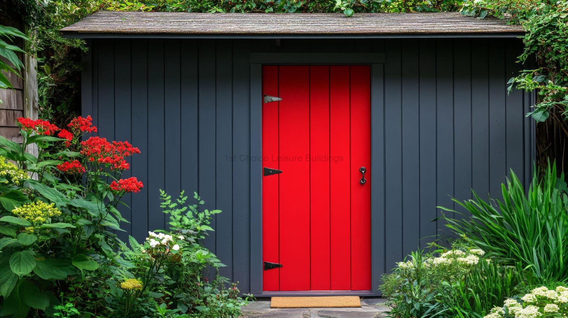 Modern garden shed with grey exterior and bright red door perfect for additional dwelling use