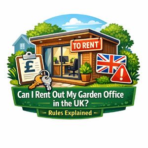 A garden office with a 'To Rent' sign and UK flag.