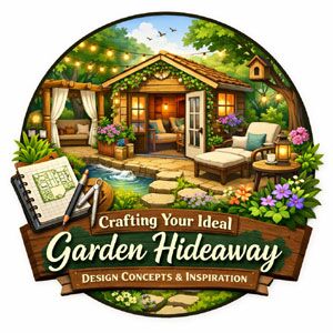 A serene garden hideaway with a small pond and flowers. A peaceful retreat with outdoor furniture and a warm ambiance.