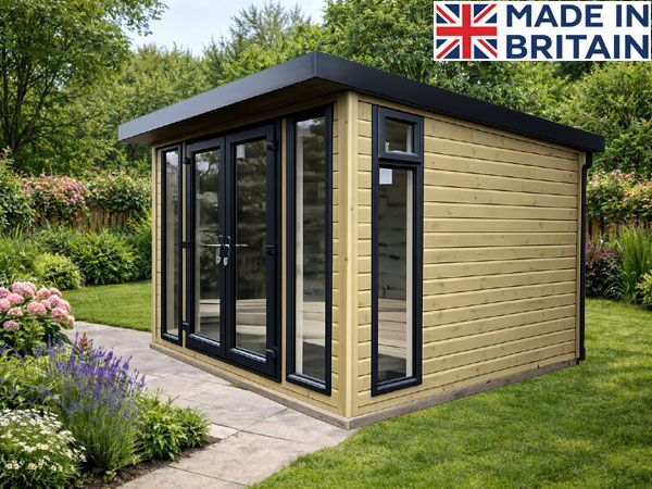 Garden sun room with yellow cladding and black trim. A modern garden office with a flat roof and large windows.