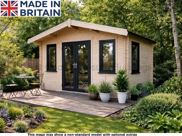 Humber Apex Cabin 1 A small wooden garden log cabin with black trim and a patio area. The shed has a slanted roof and large glass doors.