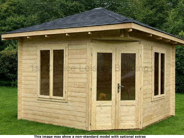 A wooden corner log cabin with double doors and multiple windows, perfect for a garden office or leisure space.