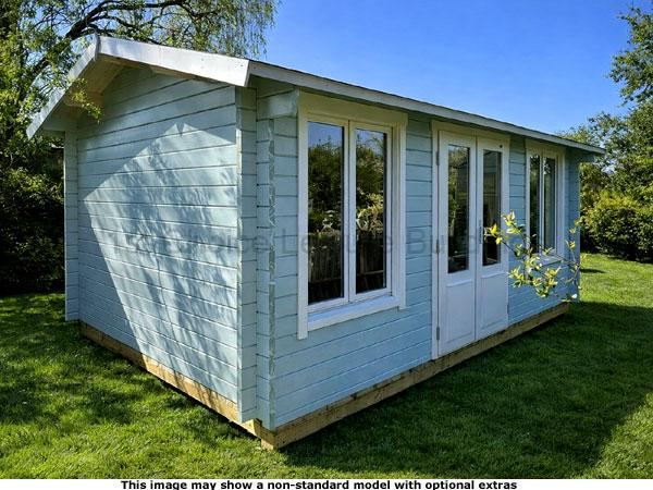 Puttenham Apex Cabin 1 A garden log cabin with light blue wooden walls and white trim around the windows and doors. The shed has a sloping roof and is situated on a grassy lawn.