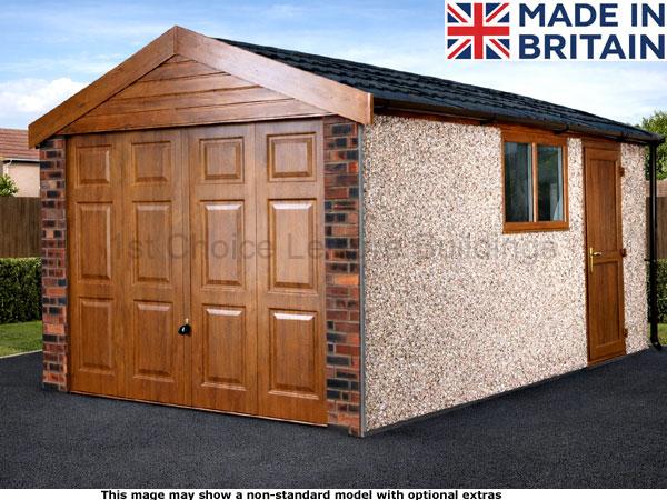 Lidget 20 apex concrete garage with free installation. Image shown includes non-standard options This image shows a Lidget apex 20 with a optional wooden double door and a single door. The shed has a black roof and a window on the side.