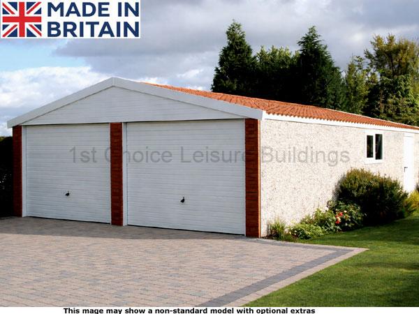 Lidget 15 apex concrete garage with free installation. Image shown may include non-standard options This image shows a high-quality, made in Britain, double garage. The garage features two large white doors, a terracotta tiled roof, and brick effect cladding. The building is set amidst a well-manicured garden and driveway.