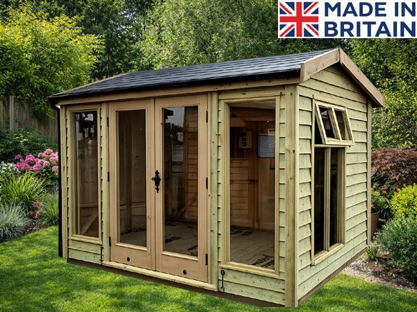 A wooden prefab garden room with double doors and windows. The room is empty and has a tile effect roof.