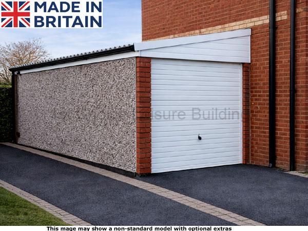 Lidget pent lean-to concrete garages with free installation. Image shown includes non-standard options A garage building made in Britain with a white door and a brick wall designed to joint an existing house.. The building has a grey textured side and a black roof