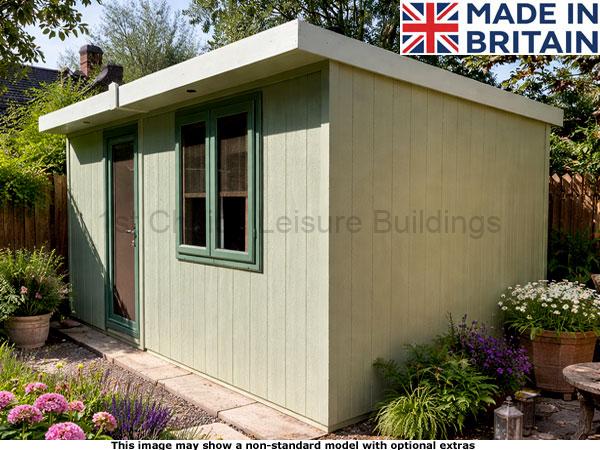 Royal Bletchley 10x10 Garden Room 1 A green Royal Bletchley pent garden room with a white roof and paved path leading to the door. The shed has a window and a door.