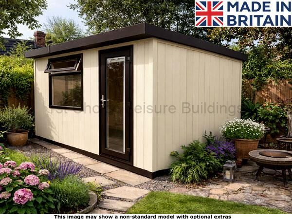 Royal Bletchley 12x12 Garden Room 1 Royal Bletchley pent garden room with cream coloured walls and brown trim. The shed has a glass door and window.