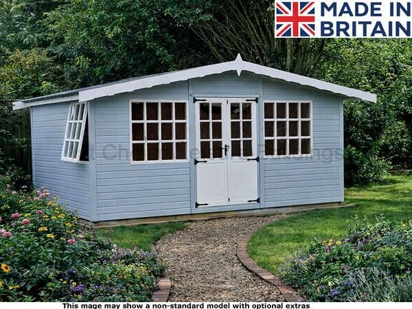 Diamond Bolney Georgian 1 A garden shed with light blue walls, white trim and a white roof. The shed has a double door and several windows.