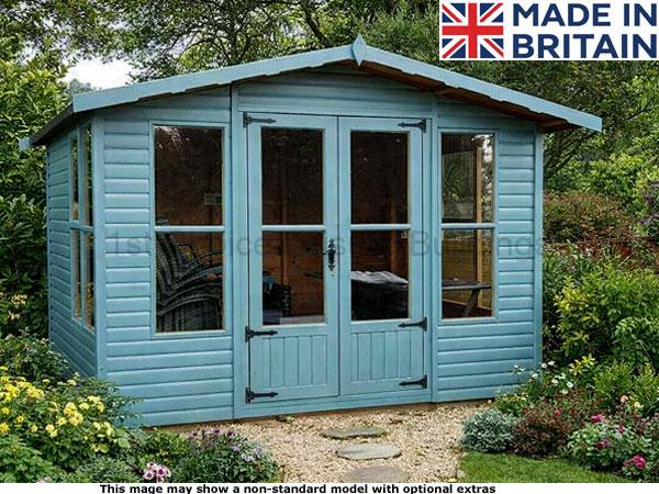 Diamond Washington Classic 1 A blue garden shed with double doors and windows. A serene garden background