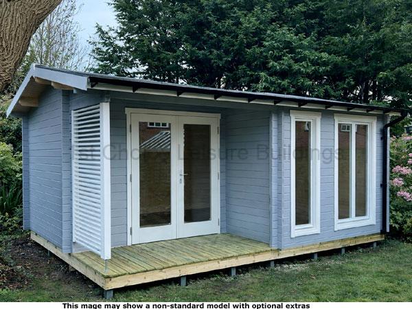 Brookwood Apex Cabin 1 A garden log cabin with grey cladding, double doors and windows