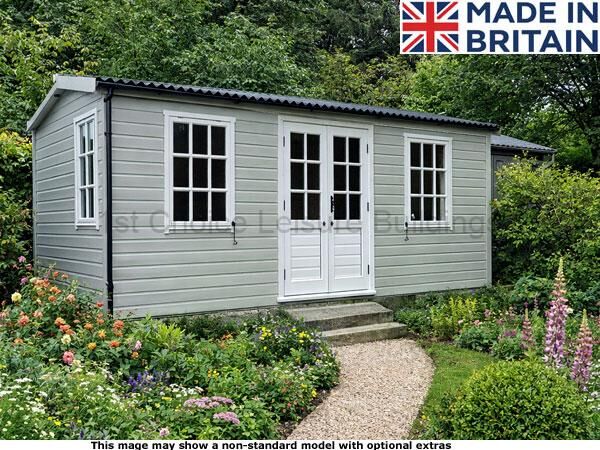 Platinum Winchester Apex 1 A small grey garden building with white trim and doors. The building has a garden path leading to it.