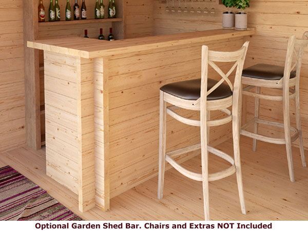 A wooden garden bar shed with two wooden chairs. The bar has a shelf with bottles on it.