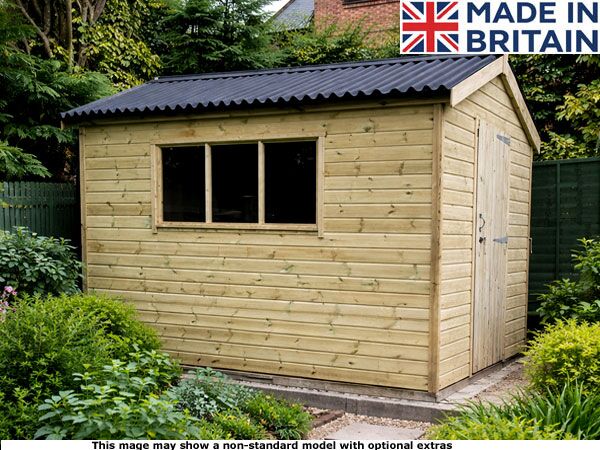 A timber garden workshop with an open door and windows, situated in a wooded area. The shed features a brown roof and a concrete base.