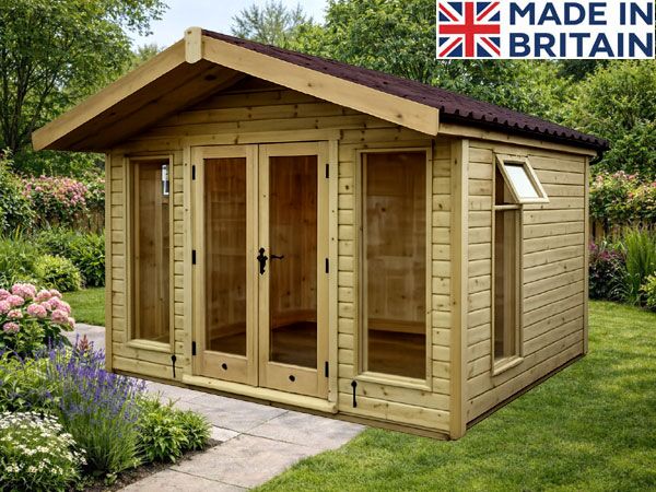 A wooden contemporary summerhouse with double doors and windows, offering ample storage space. The shed features a brown tiled roof and a natural wood finish.