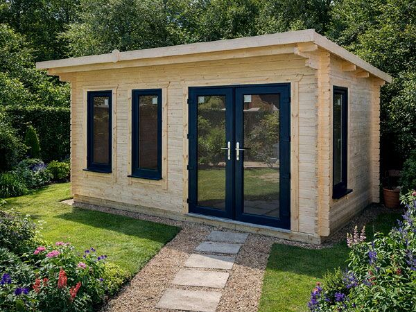 A pent log cabin with UPVC double doors and windows. Optional installation available.