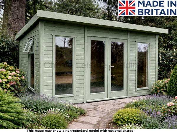 Platinum Pent Odiham 1 A green garden shed with large windows and doors. Made in Britain