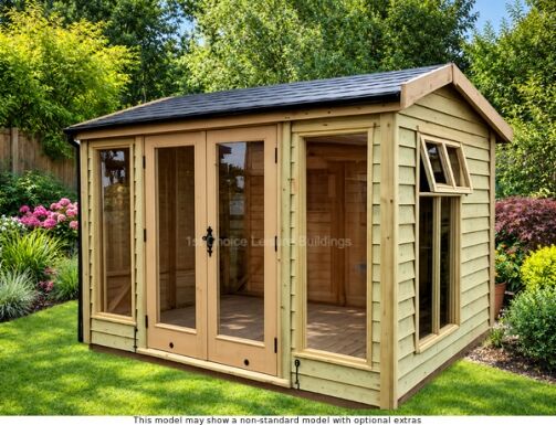 A wooden prefab garden room with double doors and windows. The room is empty and has a tile effect roof.