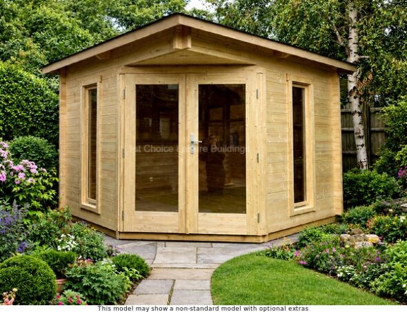 A corner log cabin with double doors and large windows on either side, made of interlocking logs.