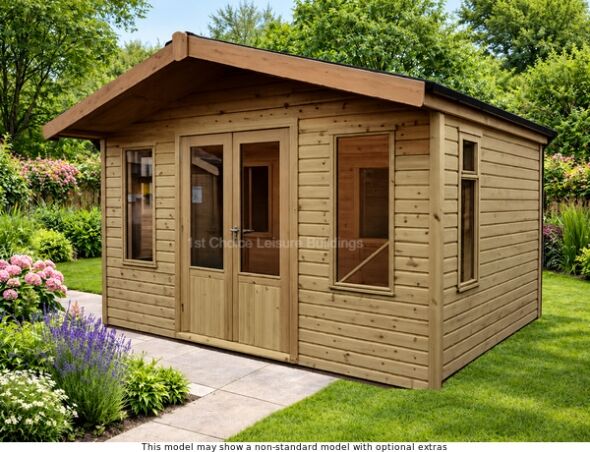 A wooden pressure treated summerhouse with double doors and windows. Perfect for storage or a summer house.