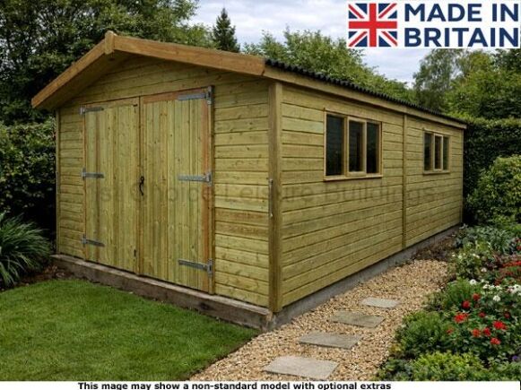 'Basingstoke' Timber Garage 1 A wooden garden workshop made in Britain with double doors and two windows.