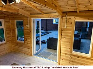 Shows image of garden sheds insulated with horizontal T&G boards