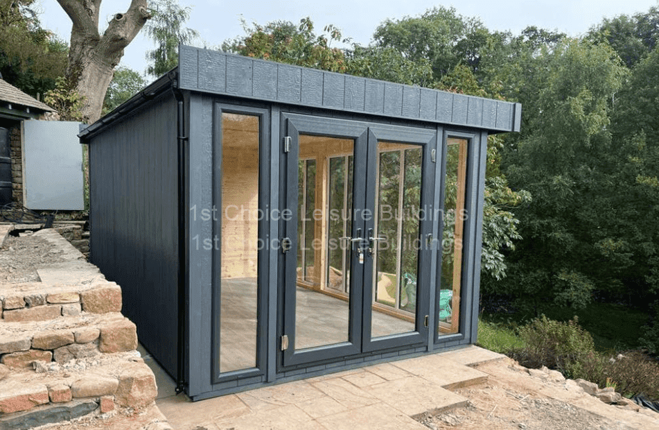 a garden room with windows adjacent to outdoor steps