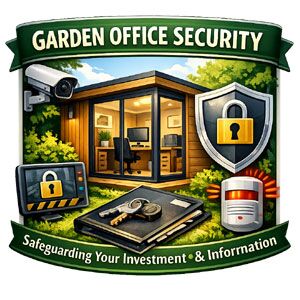 Secure garden office with padlock, shield and CCTV.