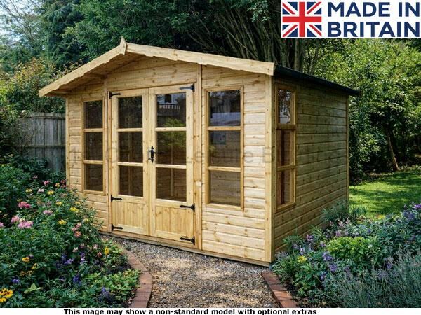 Diamond Ashington 1 A wooden garden summerhouse with glass doors and windows in a garden