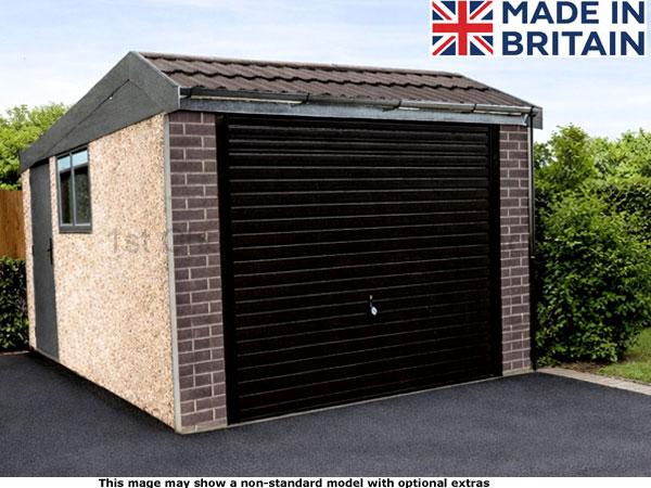 Lidget Anthracite Deluxe Mansard pent concrete garage which includes free assembly. Image shown may include non-standard options An Anthracite mansard pent concrete garage with a side door and up-and-over doors. It has a small window.