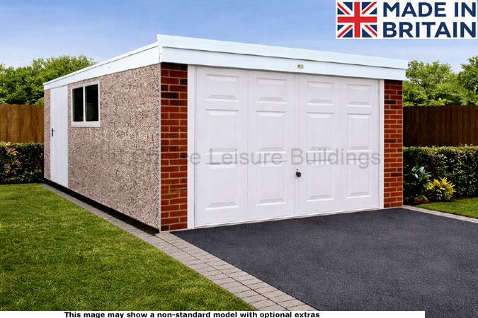 Lidget Deluxe pent concrete garage which includes free installation. Image shown may include non-standard options This image shows a brick effect garage with white doors and roof. The garage features a brick effect finish with red bricks on either side of the doors. A paved driveway leads to the garage, which is set against a well-manicured lawn and hedge.