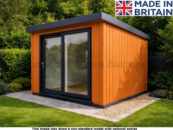 Royal Denham 8x8 Garden Room 1 A modern Royal Denham Garden Room made in Britain with a black roof and double doors.