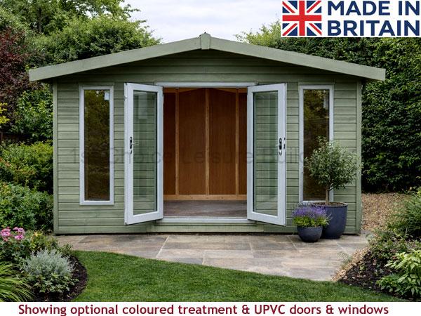 Platinum 6x12 Apex Fleet Garden Room 1 A green Platinum 6x12 Apex Fleet Garden Room with open white doors and windows, surrounded by plants and trees.