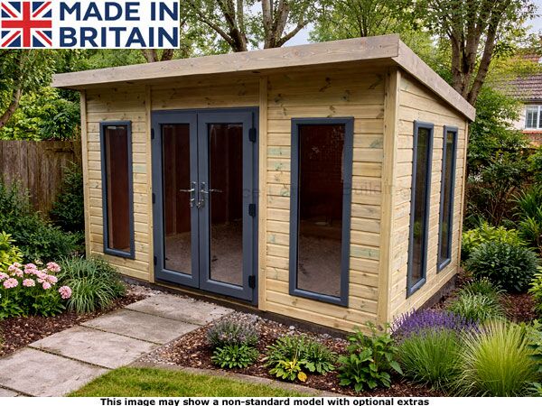 Platinum 10x10 Pent Odiham Garden Room 1 A Platinum 10x10 Pent Odiham Garden Room with double doors and windows. Made in Britain