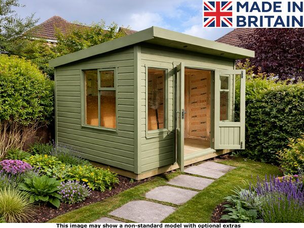 Platinum 8x8 Pent Odiham Garden Room 1 A green Platinum 8x8 Pent Odiham Garden Room with an open door and window. The shed is in a well-manicured garden.