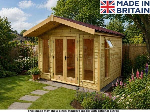Platinum Highclere Apex 1 A wooden garden summerhouse with double doors and windows in a garden. The shed has a brown roof.