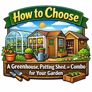 A cartoon image of a garden with a greenhouse, potting shed and combo building. Various plants and gardening tools are scattered around.