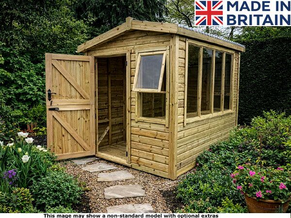 Farringdon Potting Shed 1 A wooden potting shed with an open door and window.