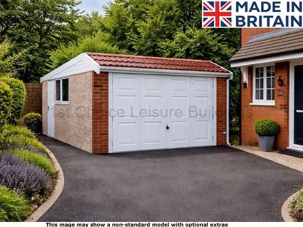 Lidget deluxe pent Mansard concrete garage which includes free assembly. Image shown may include non-standard options A deluxe concrete garage with white doors and a red roof. The garage has a small window.