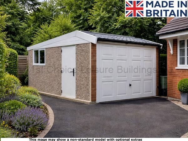 Lidget pent Mansard concrete garage which includes free assembly. Image shown may include non-standard options A mansard pent concrete garage with a white door and double doors. The shed has a small window.