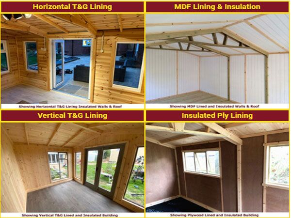 Images of interior lining options for garden workshop buildings.