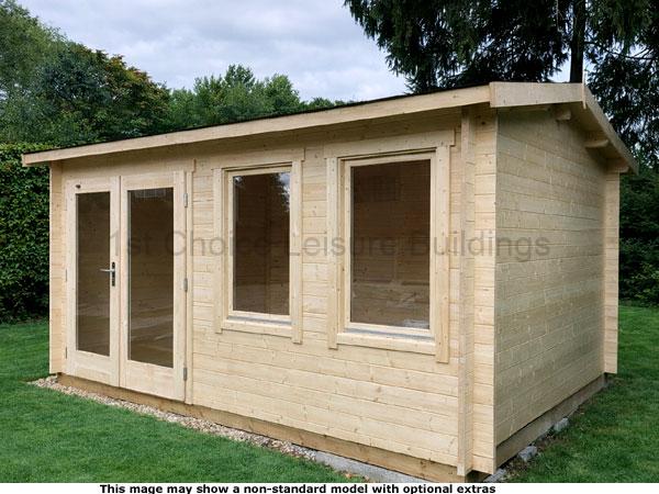 Eton Apex Cabin 1 A wooden garden log cabin with double doors and two large windows, set in a grassy area.