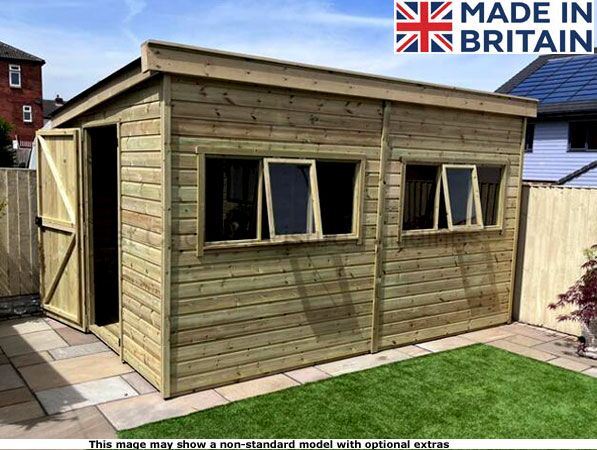A timber garden workshop with an open door and windows, situated in a wooded area. The shed features a brown roof and a concrete base.
