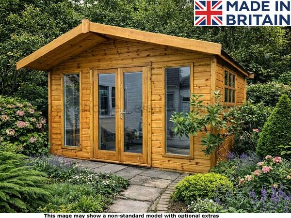 Platinum Highclere Apex 1 A wooden garden shed with glass doors and windows, surrounded by a beautifully maintained garden.
