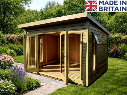 Wooden tongue & groove summerhouse with glass doors and windows. The doors are open to reveal a well lit interior.