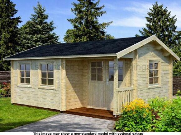 Sunningdale Apex Cabin 1 A wooden log cabin with a porch, windows and door. The shed is made of light coloured wood.